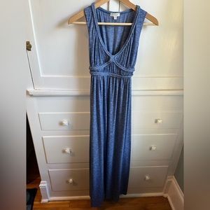 Max Studio blue heathered v-neck stretch maxi dress with braided trim, size XS